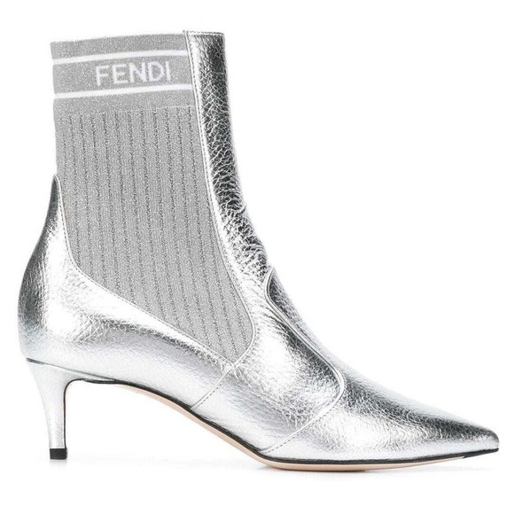 Fendi Rockoko Silver Scuba Stretch FF Logo Knit Sock Ankle Kitten Heel Boot 37.5 - Picture 1 of 12